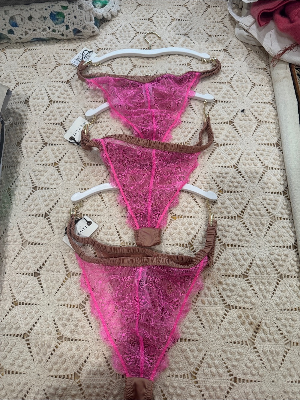 Sheer Hot Pink Lace Thong with Brown Trim - Women’s Intimates